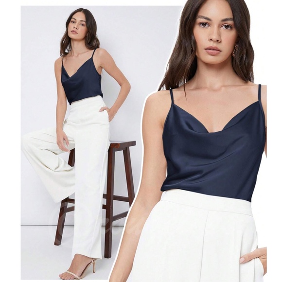 Navy Blue Glamorous Cowl Neck Spaghetti Straps Camisole Top Cami, Draped - Picture 1 of 9